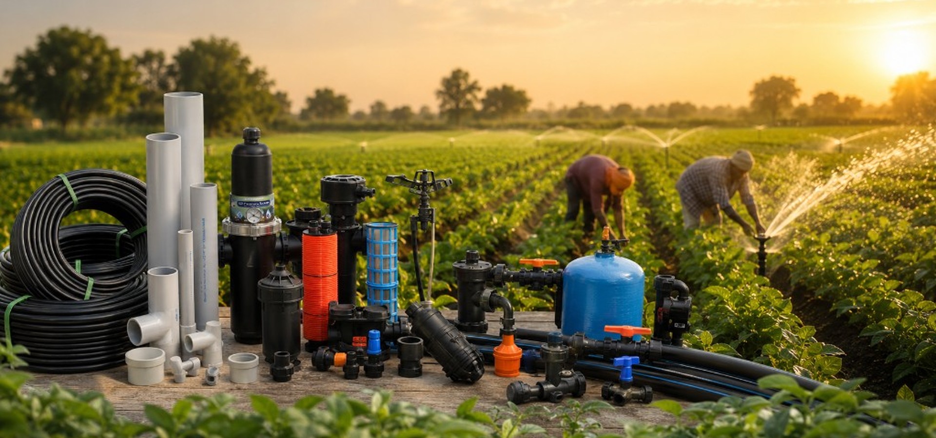Complete micro irrigation components ready for the field